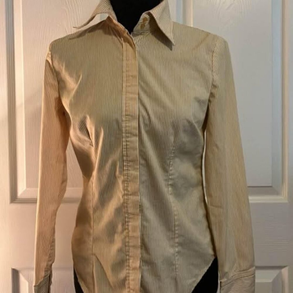 New York And Company Ladies Stretch Long Sleeve Sky Orange Stripe Dress Shirt S